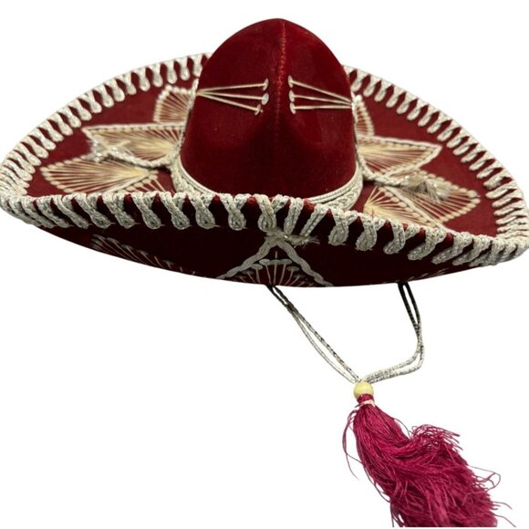 piggalle salazar Red Velvet Sombrero hat Intricate White Embroidery Tassel XL - Picture 1 of 13